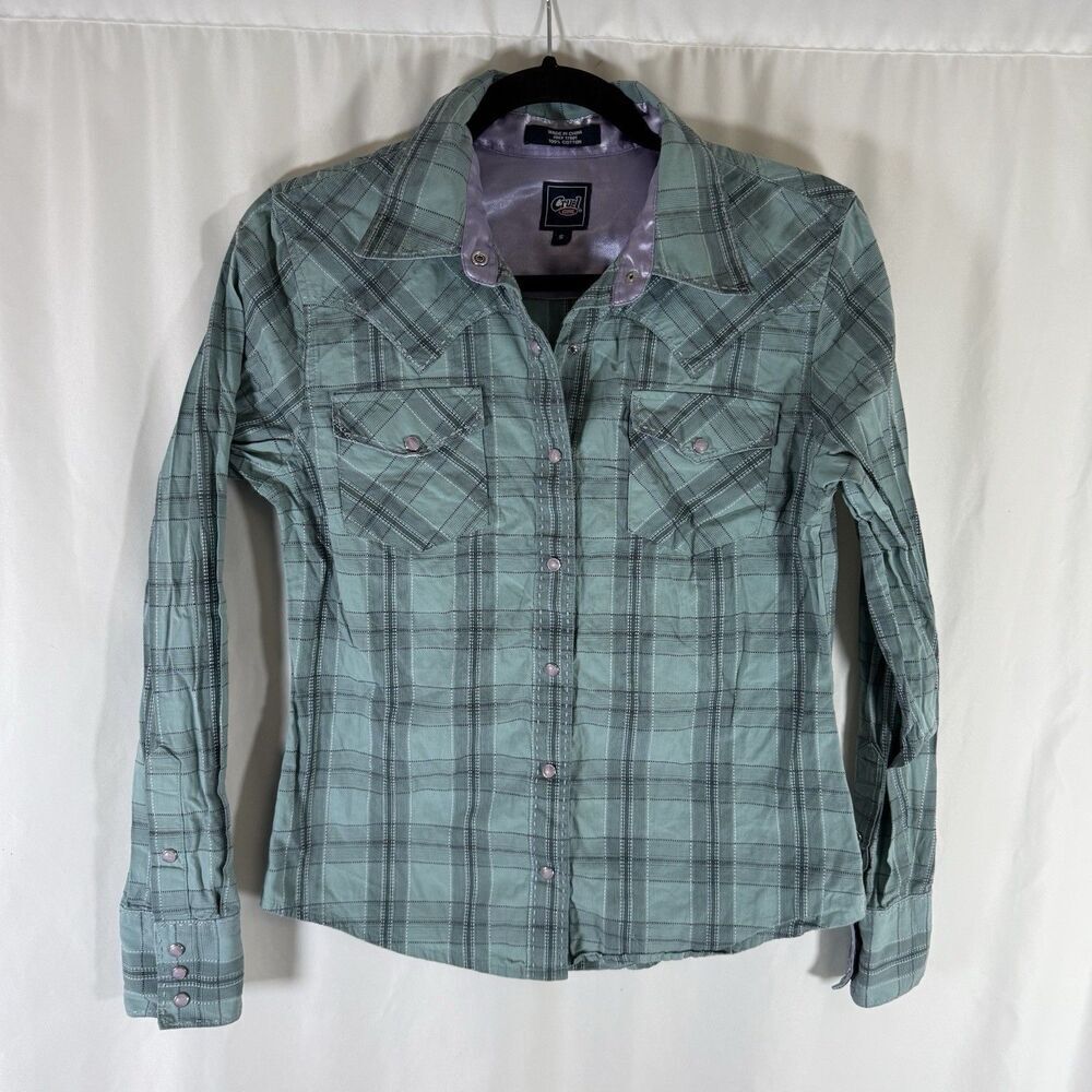 Cruel Girl Pearl Snap Shirt Women's Small Blue Satin Purple Collared Pockets